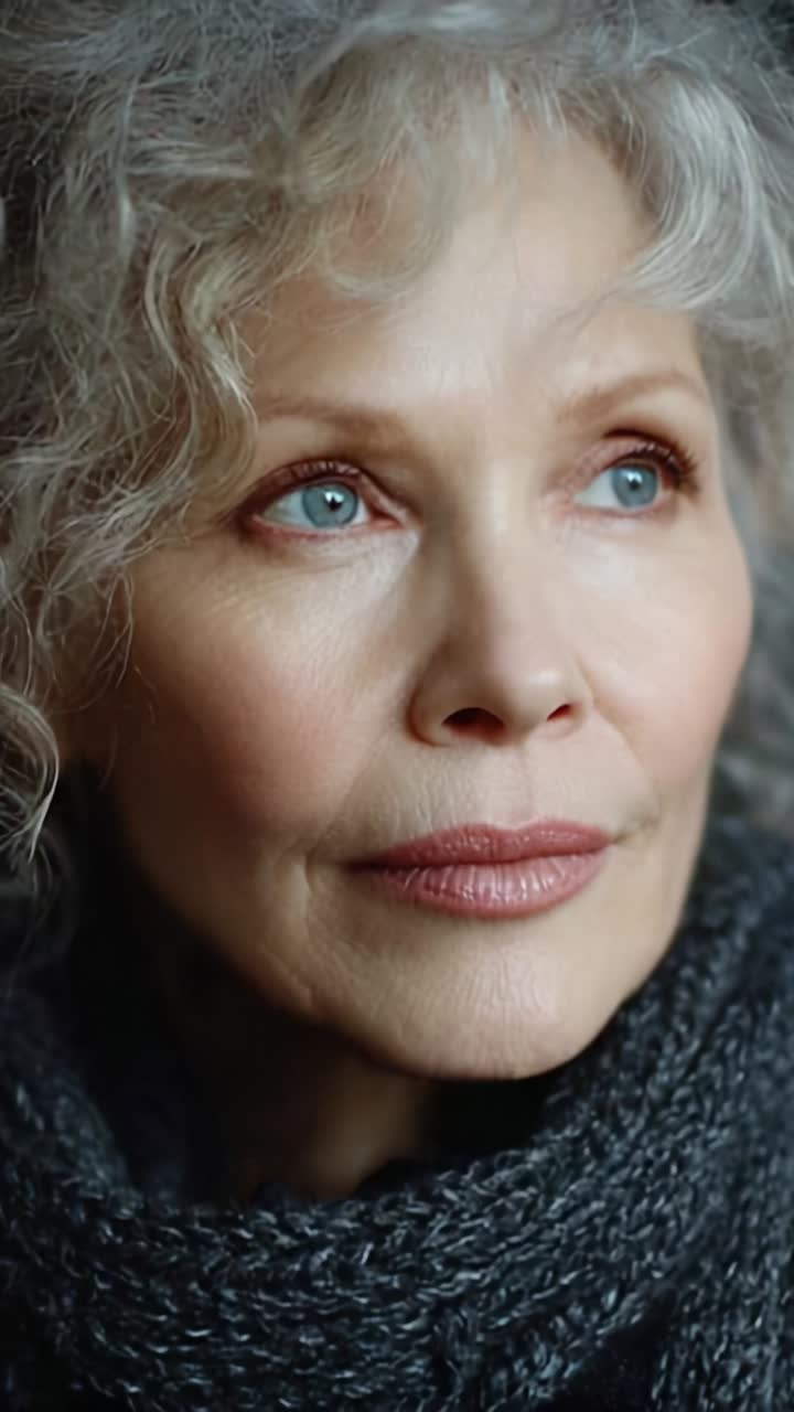 A contemplative woman with silver curls gazes thoughtfully, showcasing her expressive features that reflect a story of wisdom and experience in a captivating portrait