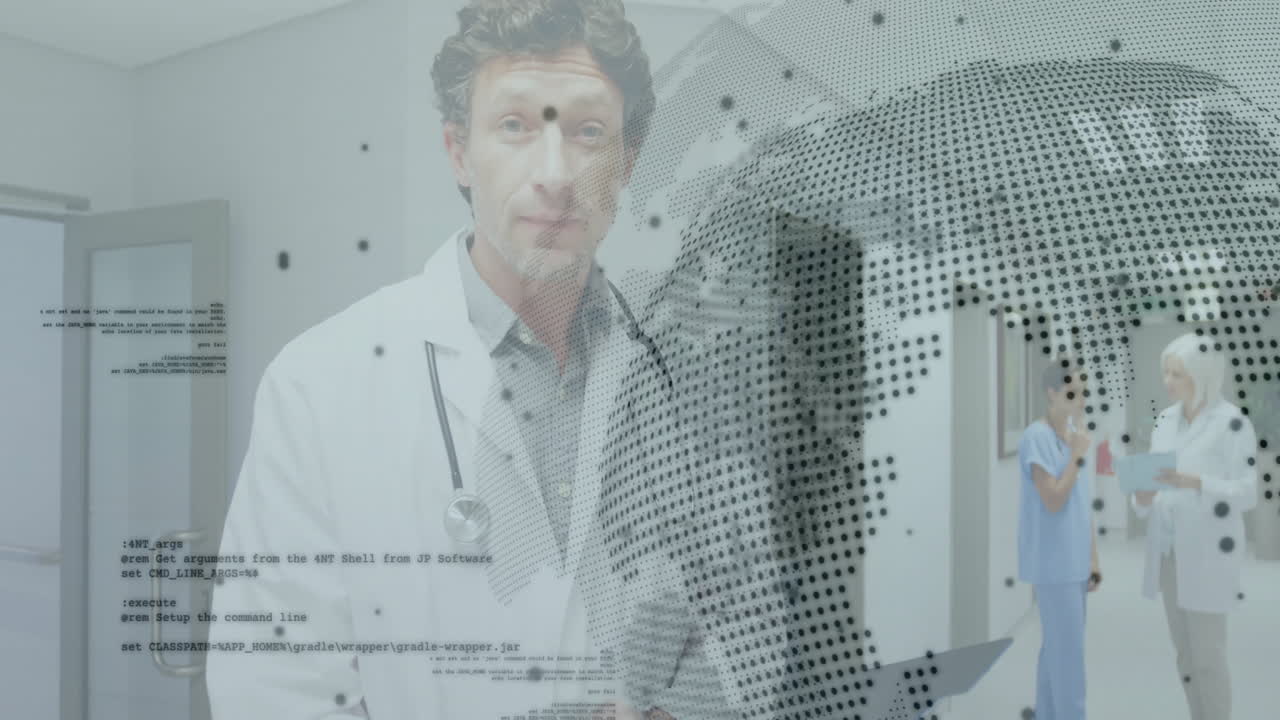 male doctor wearing stethoscope showing medical globe code overlay while nurse reviewing clipboard