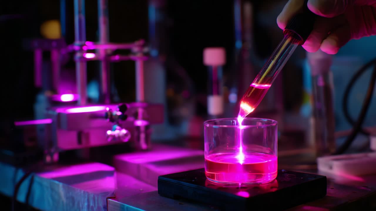 Illuminated Laboratory Experiment: A Close-Up of a Researcher Adding a Vividly Colored Liquid from a Pipette into a Glass Container, Surrounded by Equipment in a Brightly Lit Scientific Environment