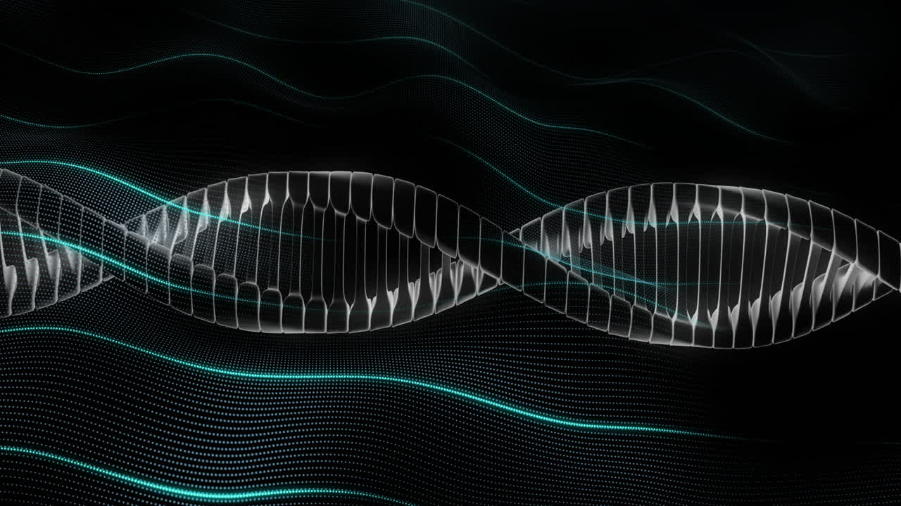 Glowing DNA strand animation over dark, wavy background in scientific illustration