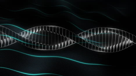 glowing dna strand animation over dark, wavy background in scientific illustration