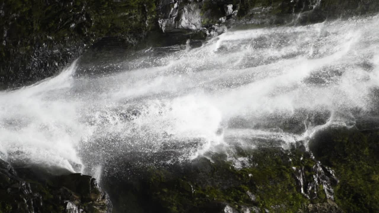 un video vertical de una cascada sobre rocas de musgo que se despliega hacia abajo