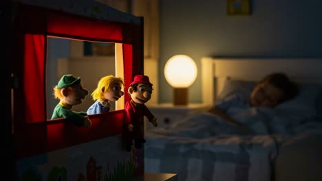 enchanting puppet show captivates young dreamers in cozy bedroom setting as sleepy child awaits magical stories unfolding beneath soft bedroom light