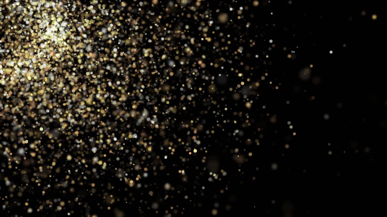 Golden glitter sparkling magic light shining dust particles trail sparkles black background 4k