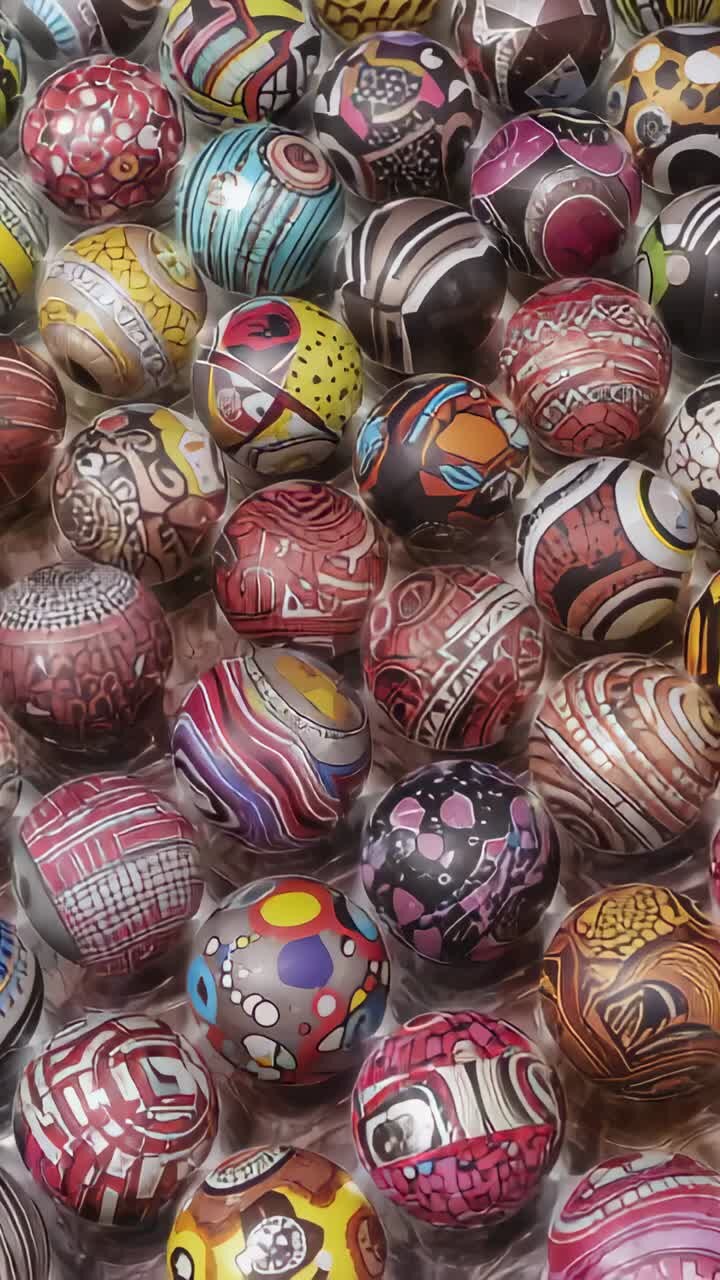 Vertical video: Panning camera revealing lower rows on tray, showcasing glossy patterned spheres
