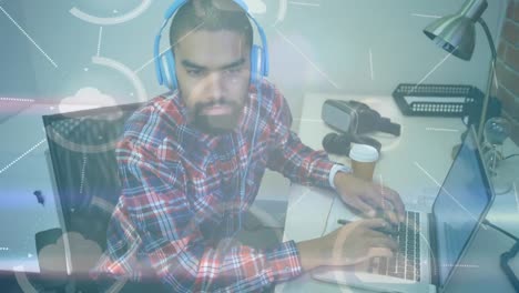 animation of mixed race man working with headphones over network of connections with clouds icons
