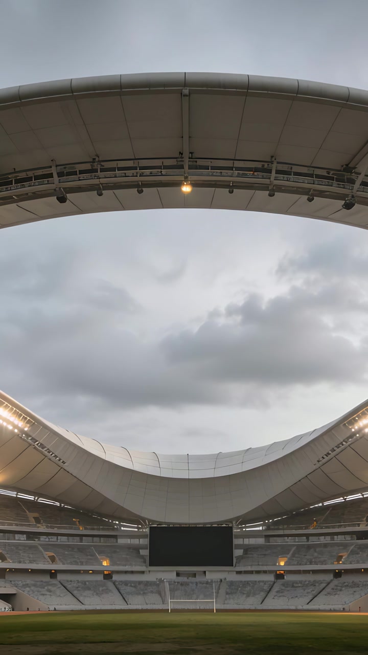 Video verticale: Inquadratura dello stadio dalle tribune inferiori, la telecamera mostra una copertura curva e il tabellone segnapunti.