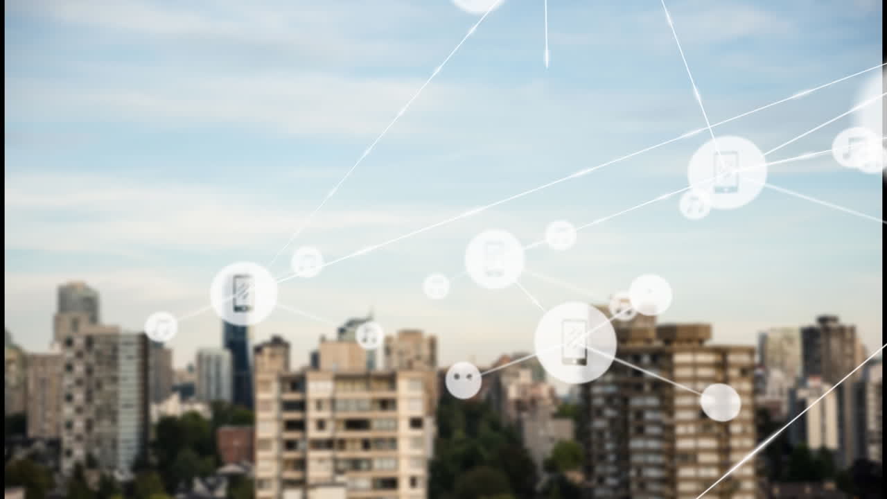 animación de la red de conexiones sobre el paisaje urbano