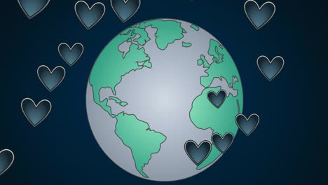 animation of globe and hearts on dark blue background