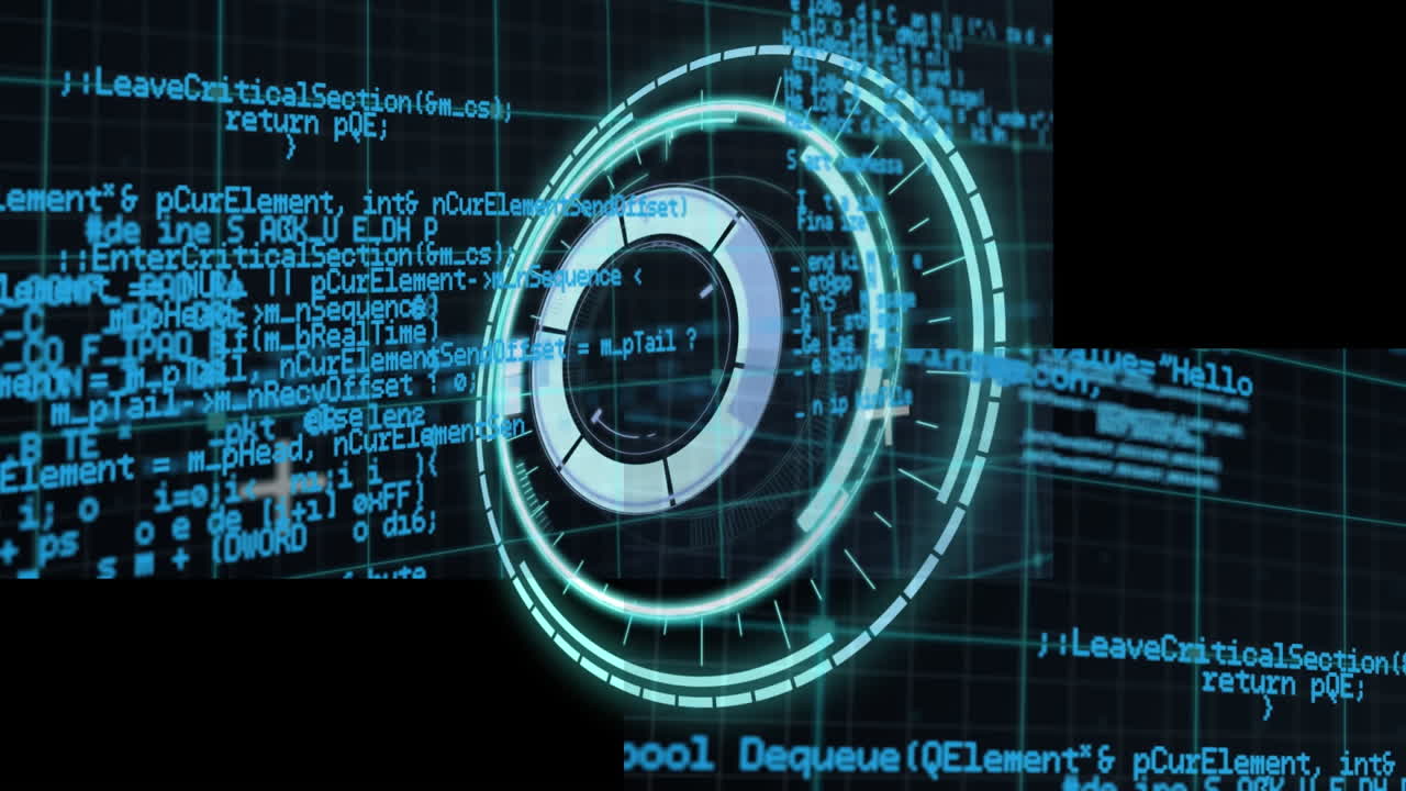 Animation of rotating safe lock over data processing on black background