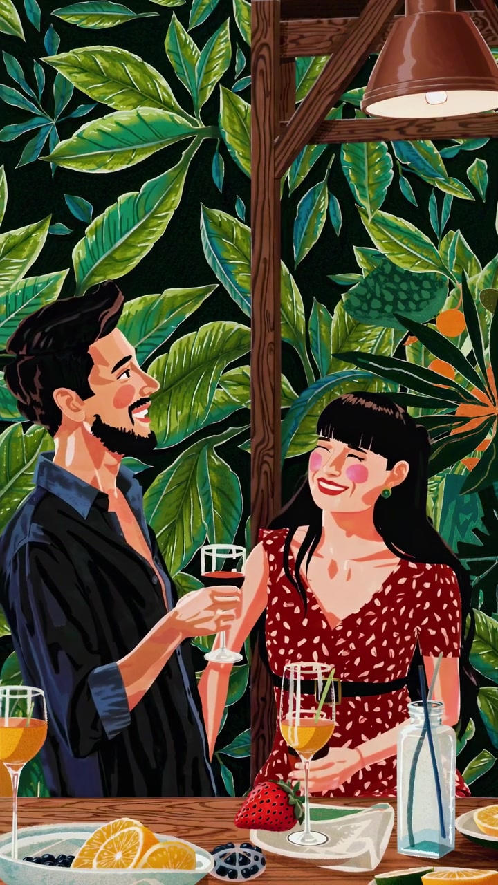 Coppia Allegra che Brinda con Bevande in un'Illustrazione di un Vibrante Giardino Tropicale