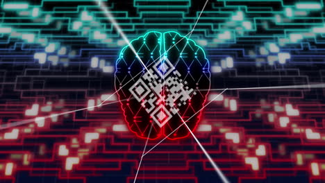 animation of qr code, human brain and data processing over circuit board