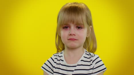 disappointed upset kid child girl with tears on eyes cries from despair sad because of unfair things