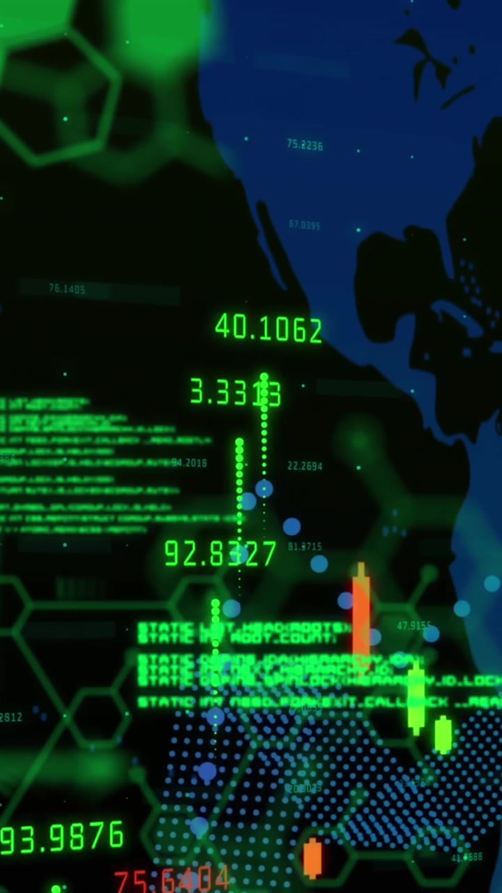 Animation of financial graphs, chemical formulas and data over world map on black background