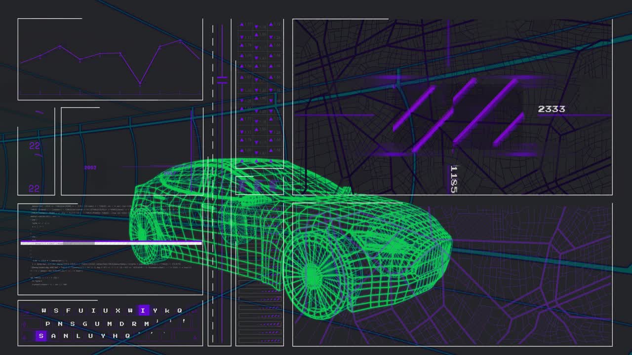 After sensor ping neon green mesh car running scan, HUD sliding, trajectory mapping path