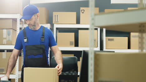 Postal-Male-Worker-In-Uniform-Packing-Carton-Box-On-Table-And-Handing-Parcel-To-Camera-At-Delievery-Department-In-Post-Office-1