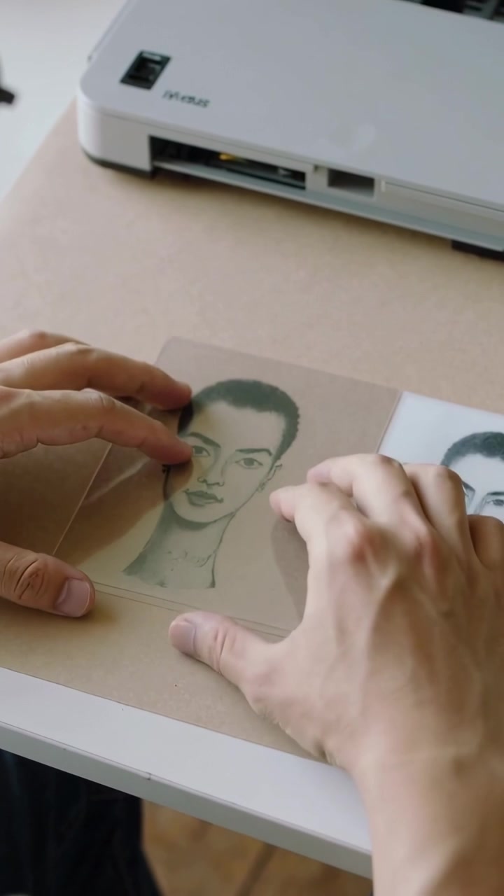 Video verticale: Posizionamento dell'acetato, uomo che stacca la pellicola e allinea un ritratto per l'uso con la plastificatrice sulla scrivania.