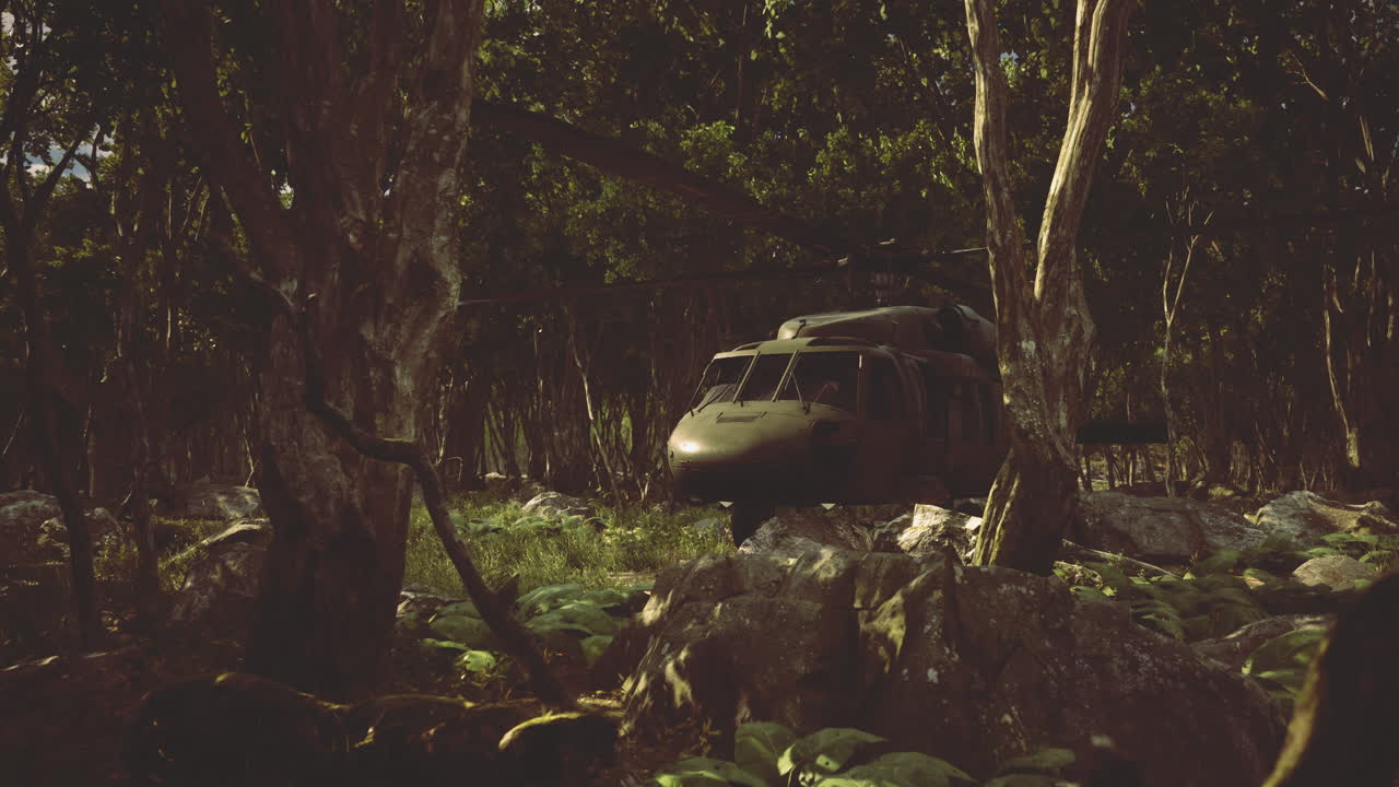 Helicopter navigating through dense forest during daylight hours