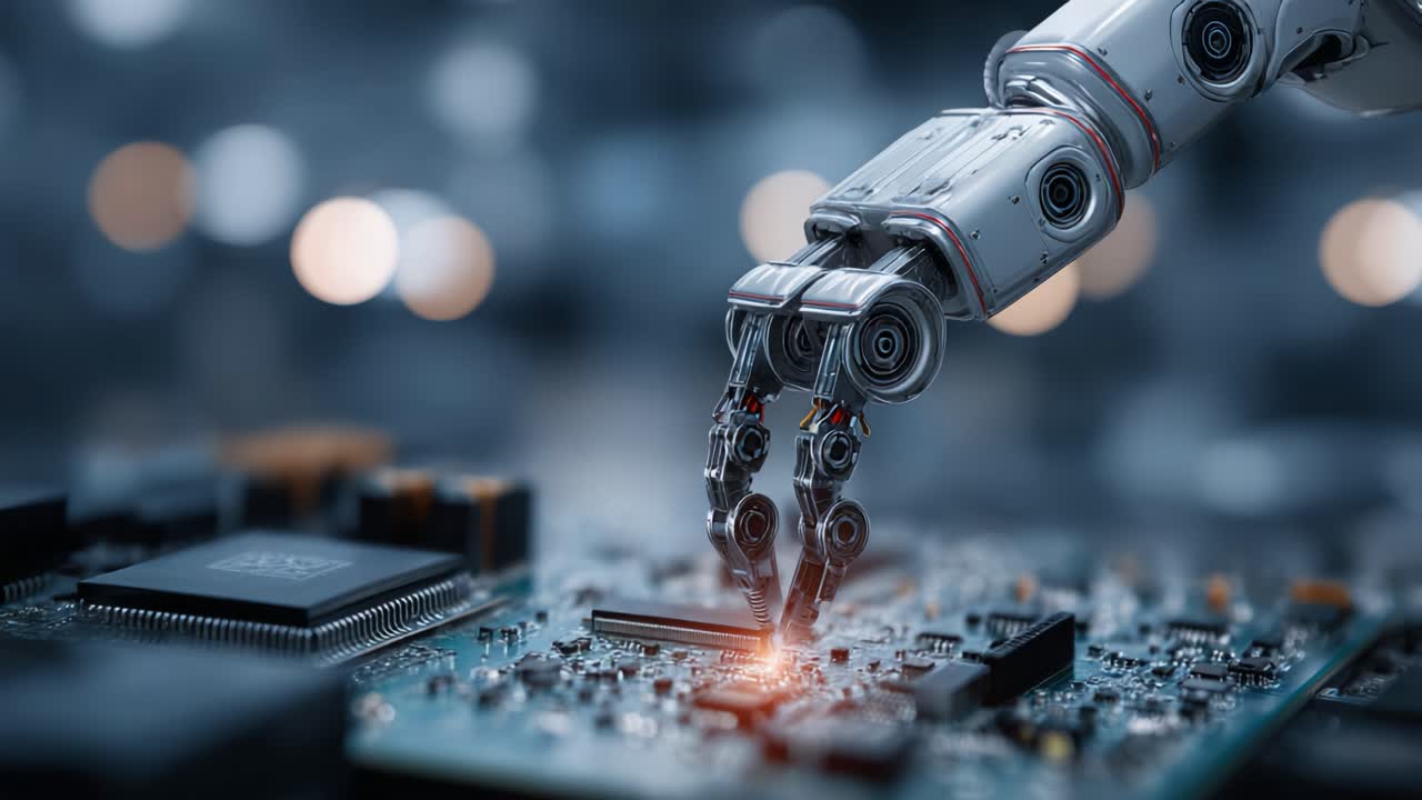 A meticulous robotic hand deftly interacts with a circuit board, showcasing precision technology and robotics as it engages in intricate electronic processes