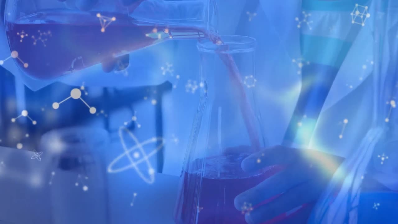 실험실에서 일하는 백인 소년 위에 떠다니는 분자 구조의 애니메이션