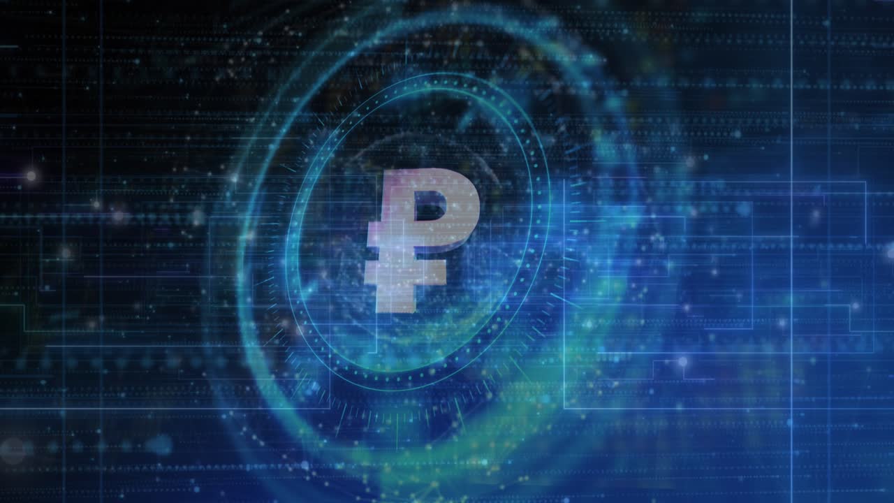 Animation of cryptocurrency p symbol, scopes scanning and data processing