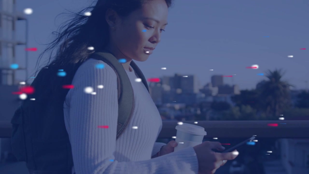 Commuter checking phone with cup as camera pulling back revealing skyline tech particles overlaying