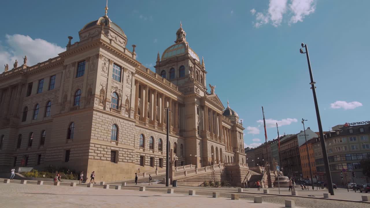National Museum in Prague, side gimbal truck move wide angle view, sunny day colours