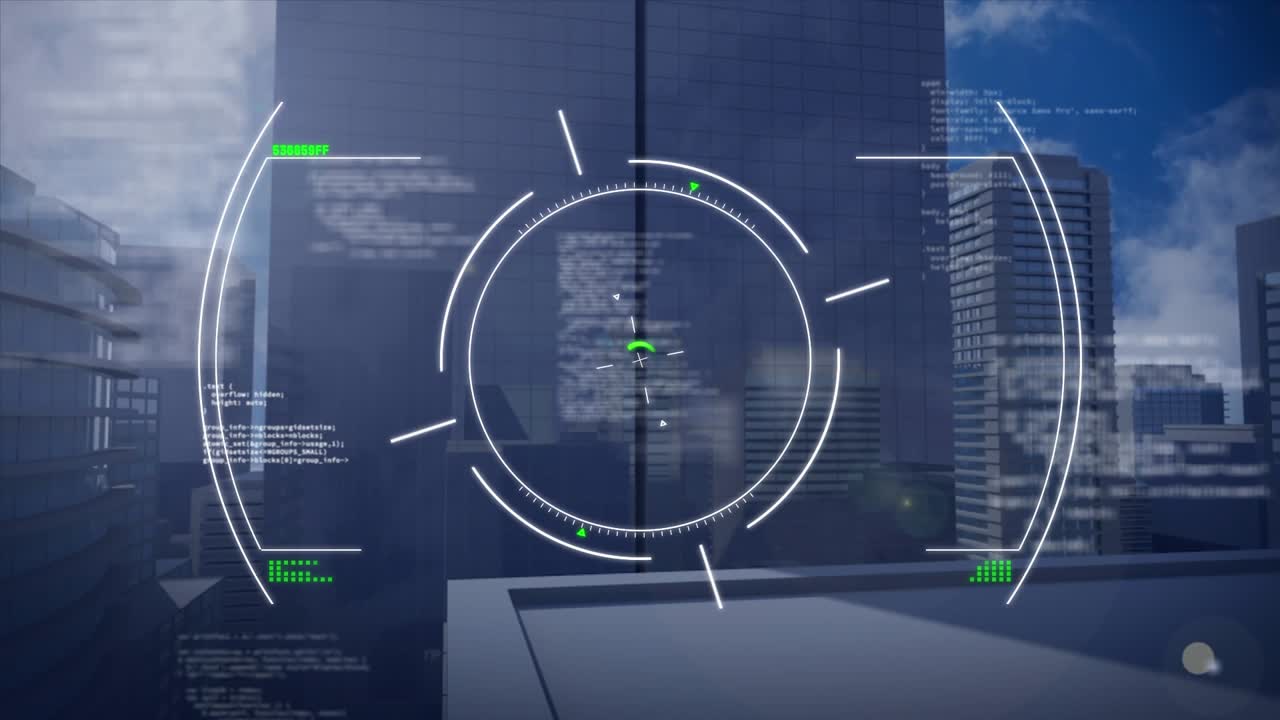 Animazione di cerchi su codice informatico proiettato su edifici, contro un cielo sereno.