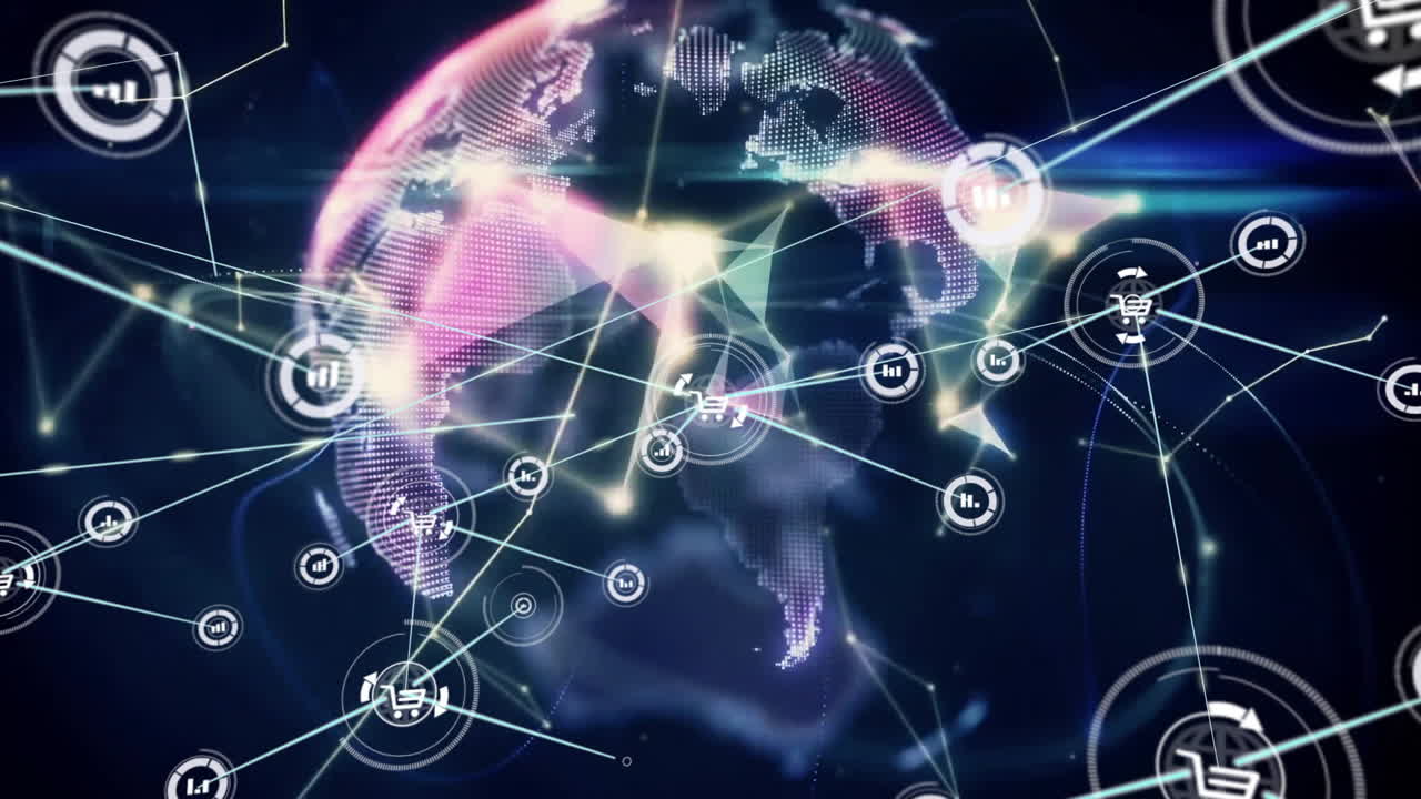 animación de la red de conexiones con íconos gráficos en todo el mundo