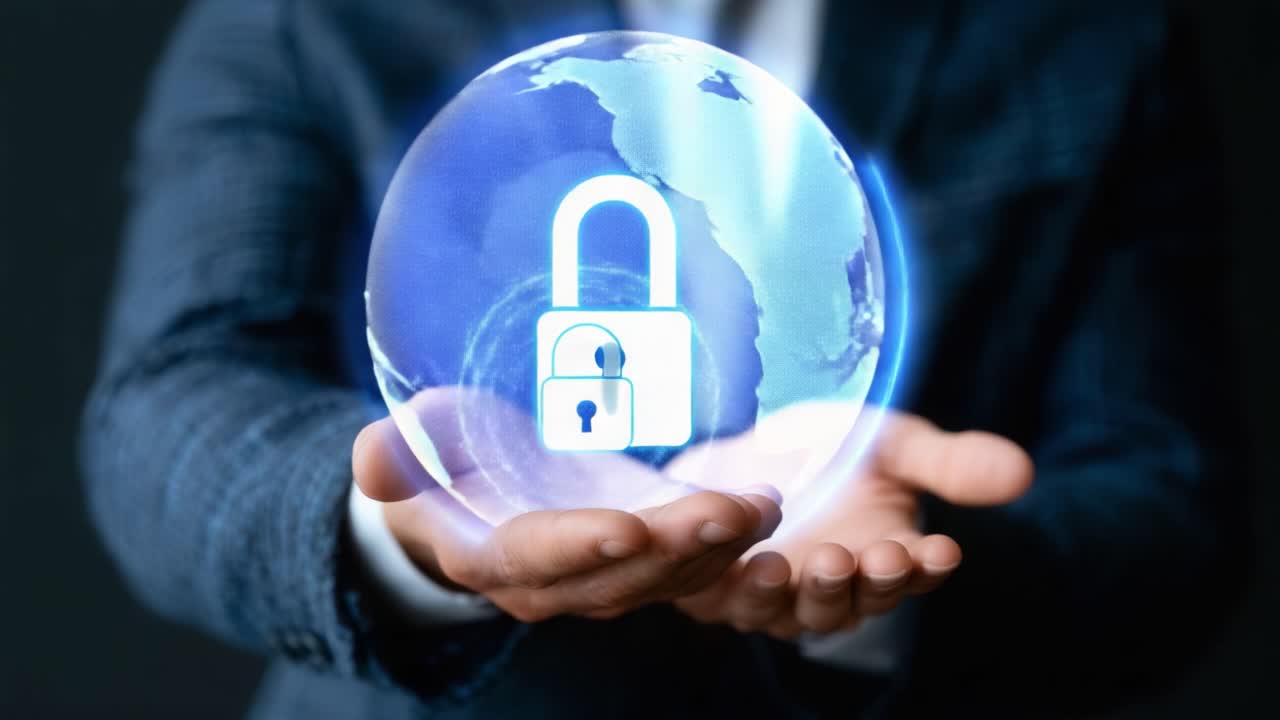 A Professional Safeguarding Digital Security with a 3D Lock in a Bubble, Emphasizing Online Privacy and Data Protection in a Modern Context