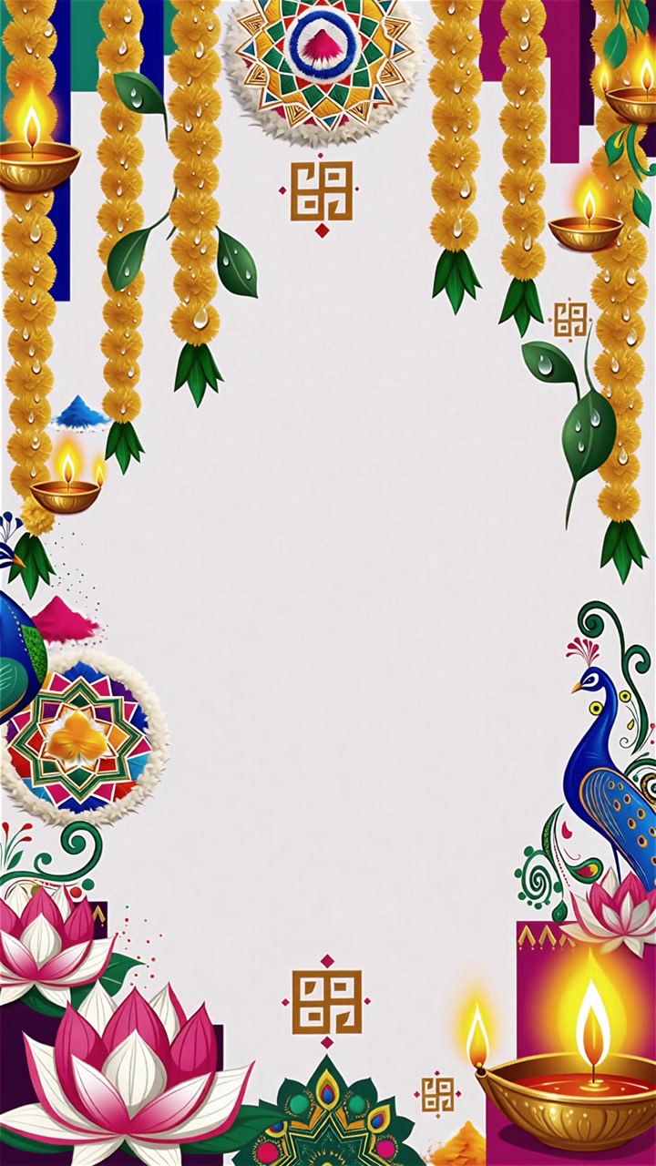 Sfondo Diwali con Diyas luminosi, Rangoli e fiori di loto