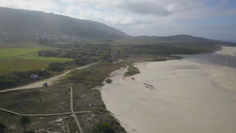 Aerial-Shot-Over-Beach-Shore-Ocean-Sea-Coastline-Atlantic-Fly-Helicopter-Coast