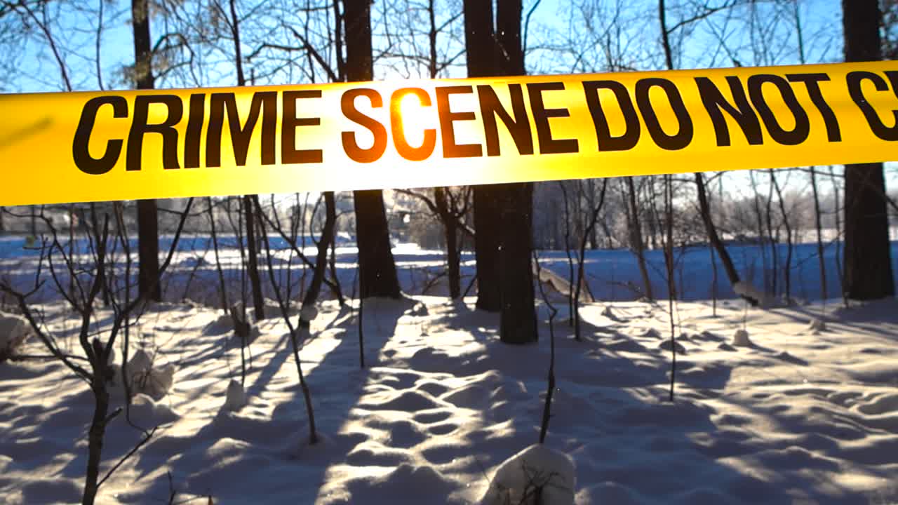 Backlit crime scene tape stretches through a snowy winter forest as sunlight illuminates falling snowflakes and silhouetted trees, creating a dramatic forensic investigation atmosphere
