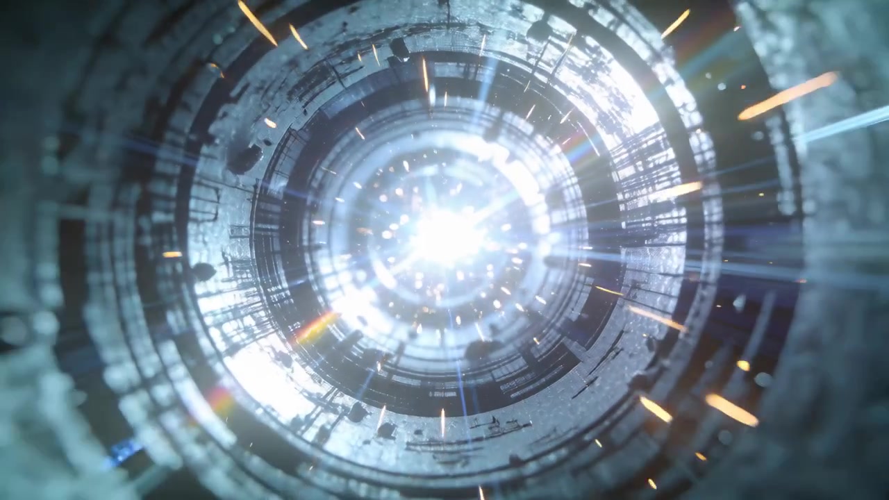 Inizio clip, la telecamera si avvicina a un nucleo energetico in anelli concentrici, il nucleo espelle scintille e bagliori.