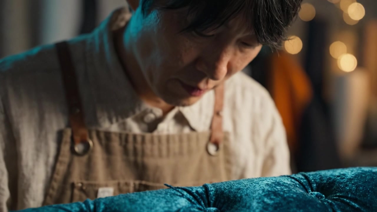 居心地の良い工房環境で、細部にまでこだわり、布地の修理と繊維の修復における専門知識を示す職人が巧みに張り地を修復している