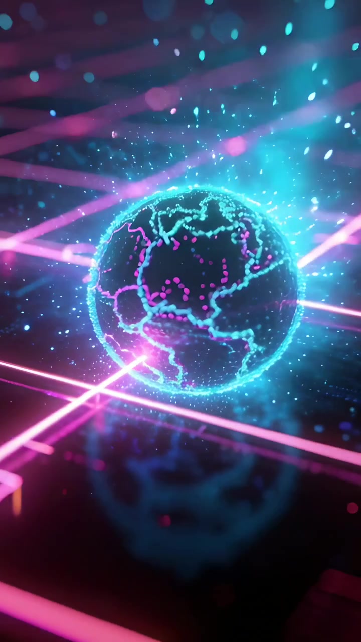 Vertical video: Pulsing neon globe reacting to magenta beam, rotating, emitting cyan sparks on grid