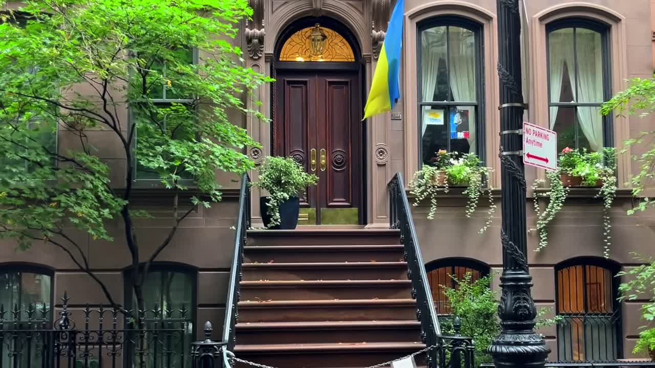 Brownstone in NYC with Ukrainian Flag