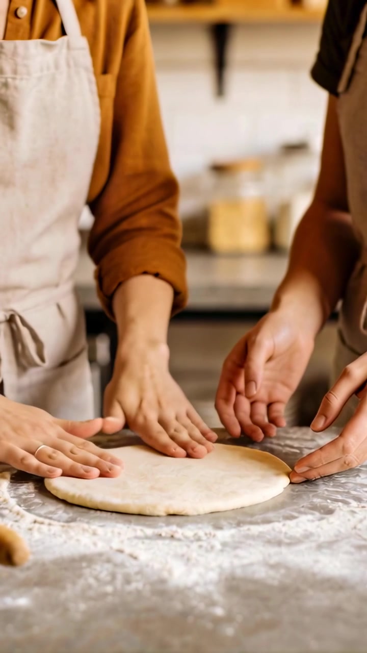 Vertical video: Shaping two hands entering, pressing dough at home on flour board in aprons to bake