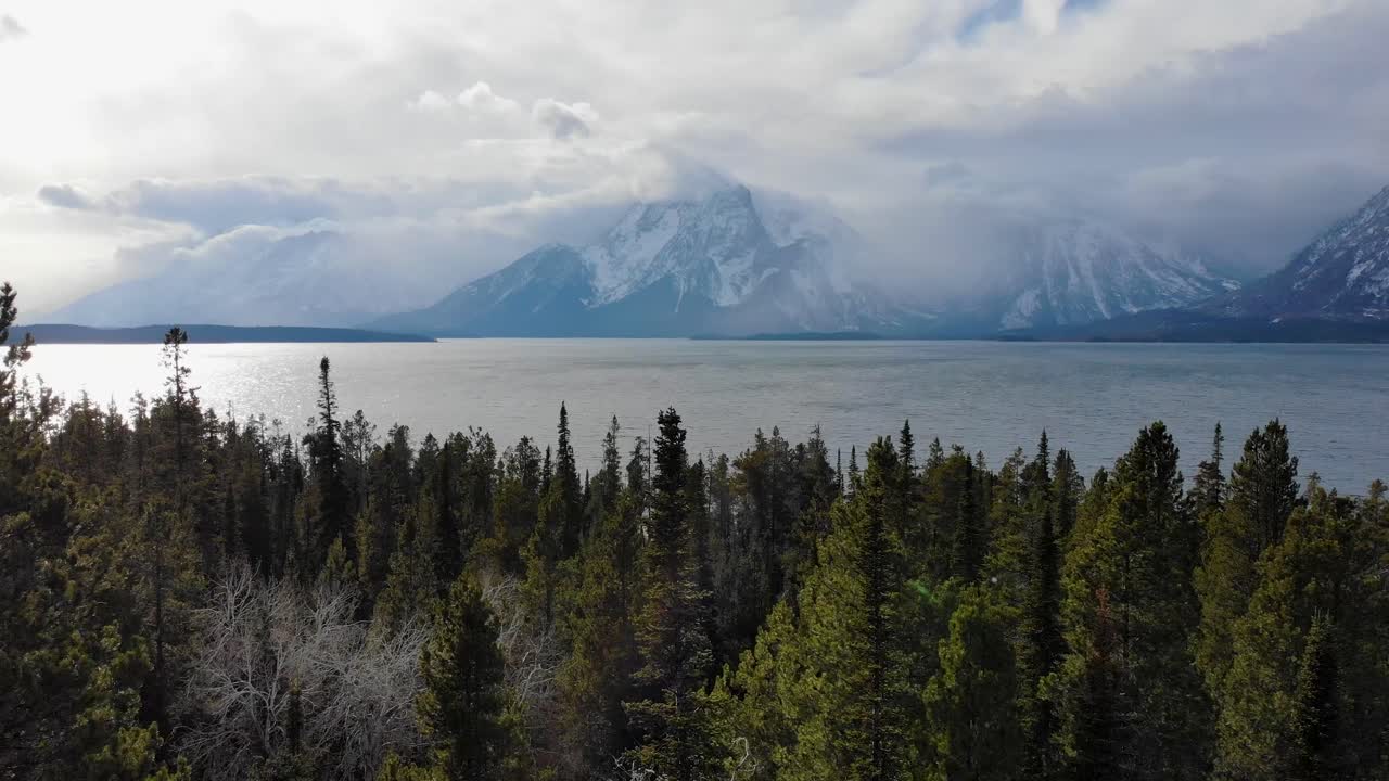 A low-flying drone shot through forest's tree-tops, revealing Jackson Lake, with the Grand Teton Range in the background, in Grand Teton National Park of Northwestern Wyoming