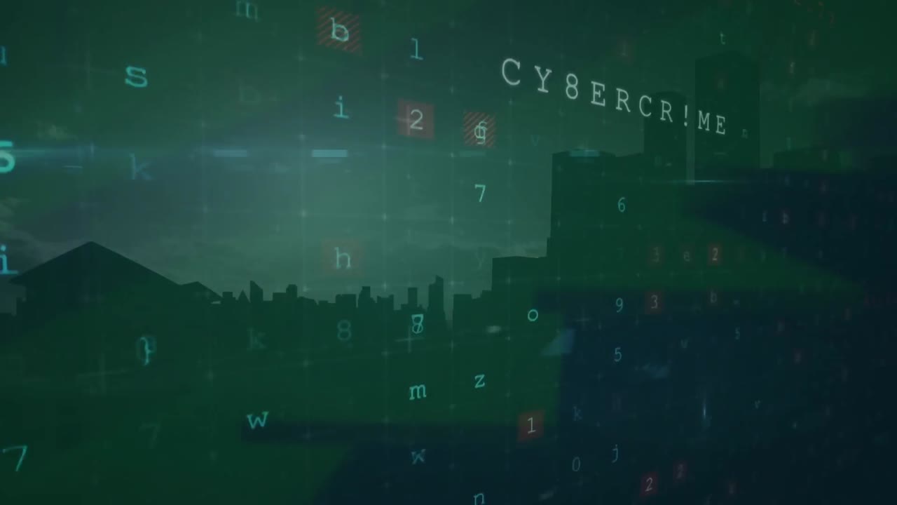 Animazione di elaborazione dati di cybersicurezza su vista aerea di un paesaggio urbano