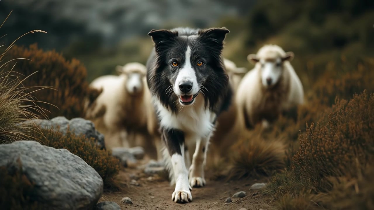 Border collie gjeterhund går langs en sti med sauer som følger etter i et landlig landskap
