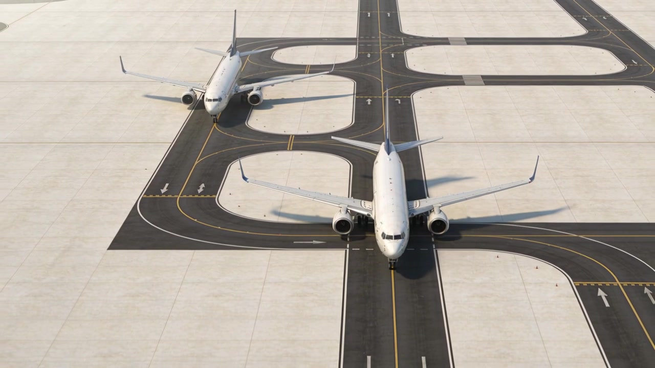 Ricevendo l'autorizzazione ATC, un jet a fusoliera stretta rulla verso nord all'aeroporto sulla linea gialla oltre i segni di attesa.