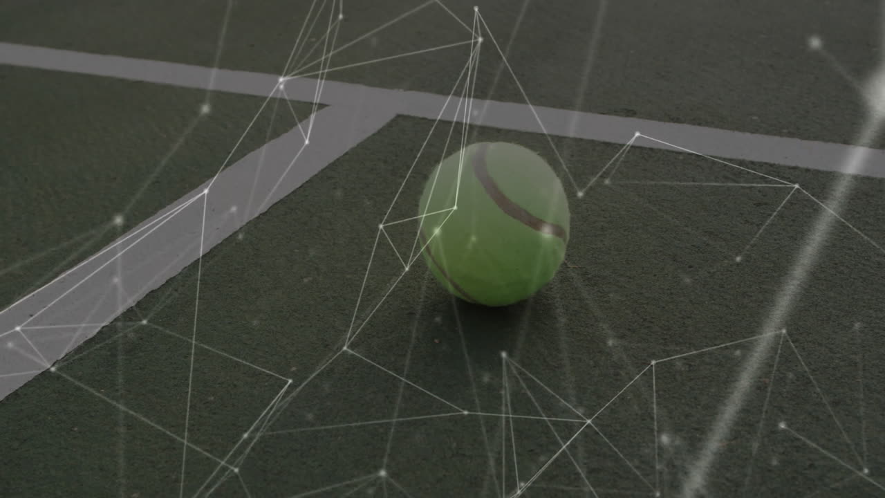 Tennis ball resting on hardcourt surface while digital network grid glowing across flat 3D render