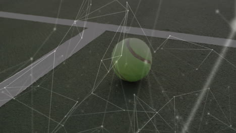 tennis ball resting on hardcourt surface while digital network grid glowing across flat 3d render