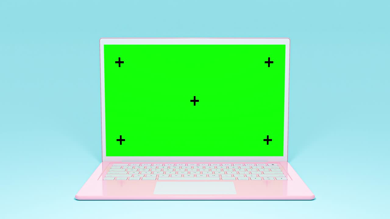 Laptop-Mockup in Pink auf blauem Hintergrund.