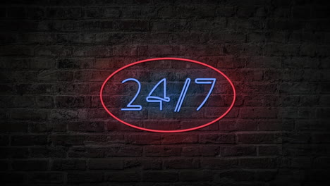 flashing red and blue twenty four seven sign on and off with flicker on a brick wall