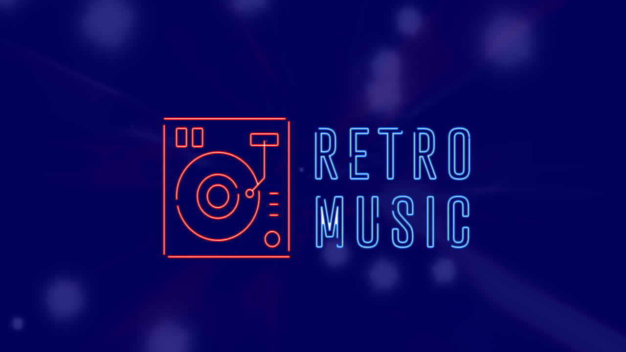 레트로 음악 텍스트와 그라모폰의 애니메이션이 파란색 배경의 점 위에 있습니다.