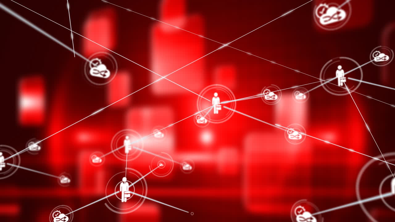 빨간색 배경의 모양 위에 아이콘을 가진 연결 네트워크의 애니메이션