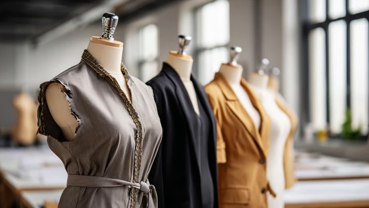 Espositori di abbigliamento eleganti: una vetrina di manichini alla moda in uno studio di moda con diversi design di capi e moderne tecniche sartoriali