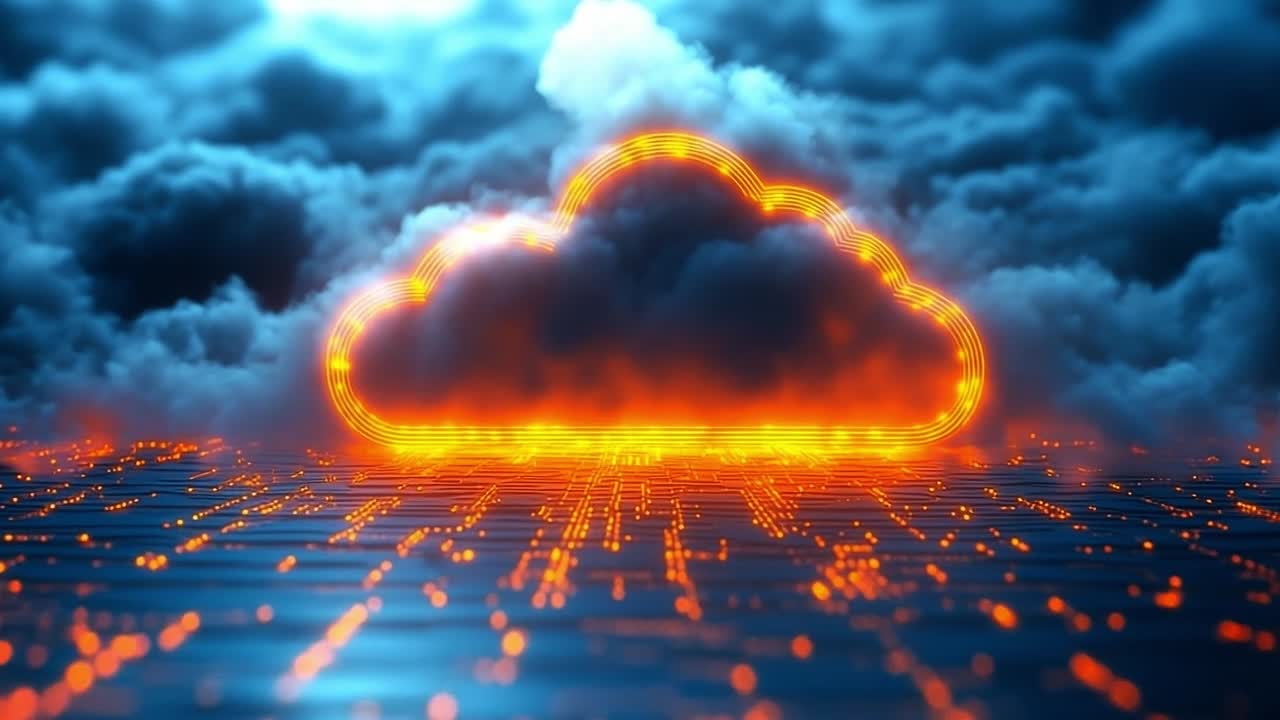 Cloud glows over circuit board. A glowing cloud with orange light hovers above a blue circuit board, reflecting a digital atmosphere.